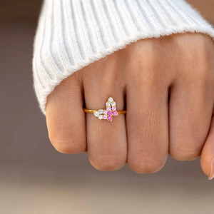 Minimalist S925 silver ring with a pink gradient zircon butterfly on a golden band
