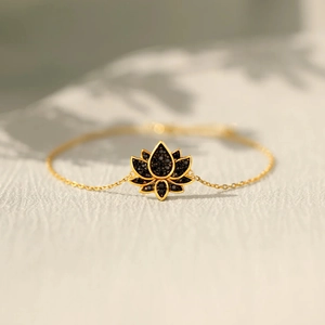 Bracelet Pendentif Lotus en Argent Sterling S925 pour Femme Élégant Incrustation de Strass Noir Chaîne Réglable Accessoires Bijoux