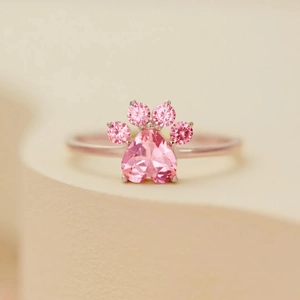 925 Sterling Silver Animal Paw Ring Heart Shaped Pink Blue Rhinestone Rose Gold White Gold Cat Paw Ring For Women Jewelry