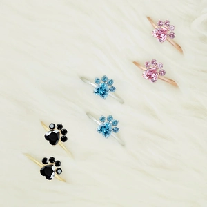 S925 sterling silver puppy paw gemstone rings in gold, silver and rose gold finish