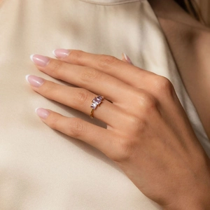 Elegant 18K gold plated S925 silver ring featuring three rectangular purple zircon stones