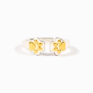 Minimalist S925 sterling silver adjustable ring featuring golden animal paw prints