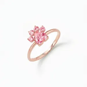 S925 sterling silver puppy paw ring with pink heart gemstone in rose gold finish