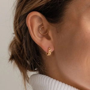 Créoles en argent s925 doré style gourmette et manchette d'oreille avec zircone unique