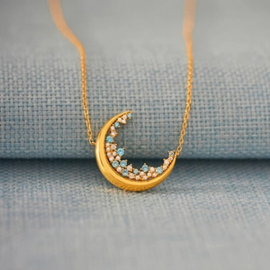 Collier Pendentif Croissant de Lune en Argent Sterling 925 pour Femme Plaquage Or Strass Étoile Lune Bijoux de Mode Cadeau