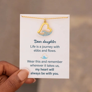 Collier cœur vague doré pour fille avec diamants bleus et carte de message sentimentale