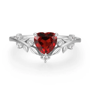 S925 sterling silver ring with heart-shaped red zircon and leaf-shaped band detail
