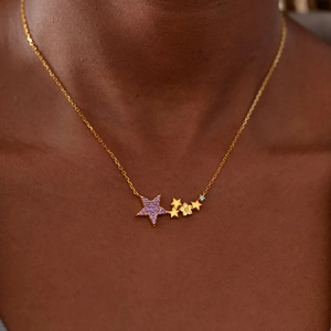 S925 Sterling silver star necklace featuring purple zircon and gold stars on a thin chain