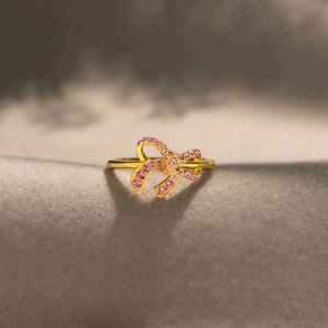 S925 Sterling Silver Bow Knot Ring For Women Gold Plated Pink Zirconia Inlaid Elegant Wedding Party Finger Jewelry Accessory