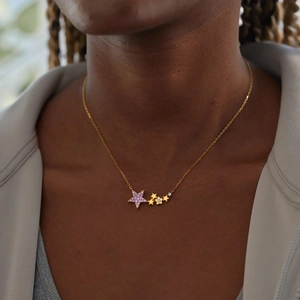 Elegant gold plated S925 silver necklace with multicolored star pendants on model