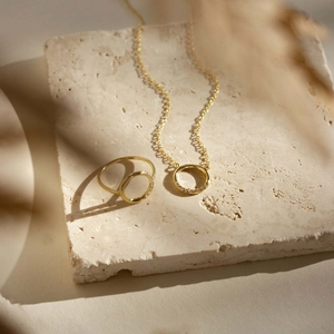 Elegant gold plated S925 sterling silver circle necklace and ring set with sparkling zircons