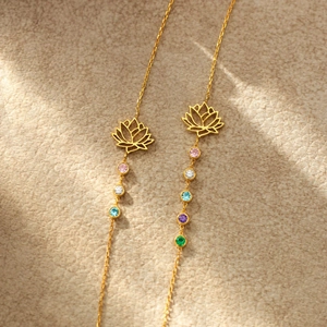 S925 sterling silver lotus flower necklace with colorful birthstones on beige velvet