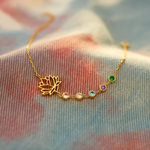 925 Sterling Silver Lotus Birthstone Bracelet For Women Gold Plated Adjustable Minimalist Flower Rhinestone Link Chain Jewelry Gift