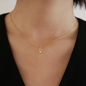 Elegant gold plated S925 sterling silver heart lock pendant necklace with crystal for women
