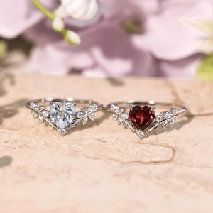 S925 sterling silver leaf ring with heart shaped aquamarine and garnet gemstones