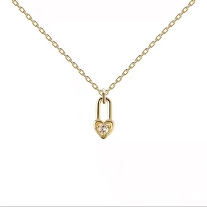 Gold S925 sterling silver heart lock pendant necklace with a round clear gemstone