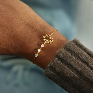 S925 sterling silver lotus flower bracelet with colorful birthstones on a golden chain