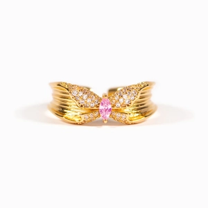 Gold butterfly open ring with pink marquise zircon and sparkling pave crystals