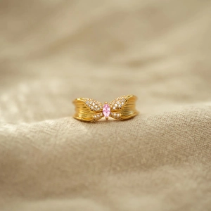 925 Sterling Silver Butterfly Ring For Women Gold Plated Pink Stone White Rhinestone Open Adjustable Fashion Finger Jewelry