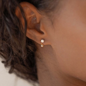 Elegant s925 silver gold flower earrings with zircon petals and round diamond drop pendant