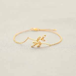 S925 Sterling Silver Leaf Branch Bracelet For Women Dainty Gold Plated Rhinestone Olive Branch Adjustable Link Bracelet Jewelry