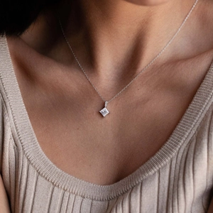 Minimalist S925 sterling silver necklace with a princess cut square zircon pendant for women
