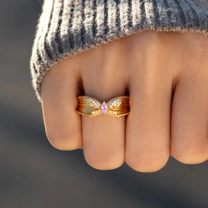 Elegant s925 silver butterfly ring with pink marquise zircon and pavé diamonds for women
