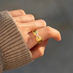 S925 silver butterfly ring in gold finish with pink gemstone and white zircon stones