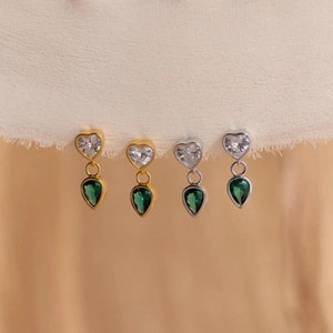 Orecchini in argento S925 con cuore e goccia verde in finiture oro e argento