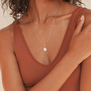 Elegant S925 silver gold link necklace with irregular baroque freshwater pearl pendant