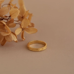 Minimalist S925 sterling silver golden ring with vintage engraved floral line patterns
