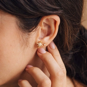 S925 Sterling Silver Gold Star Earrings with Opal and Zircon Inlay on Ear