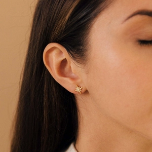 Elegant S925 silver gold star earrings with center pearl and sparkling zircon accents