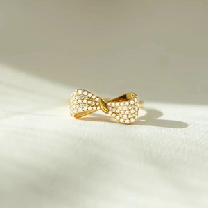 925 Sterling Silver Bow Knot Ring For Women Gold Plated Full Rhinestone Inlaid Elegant Fashion Finger Ring Commute Jewelry