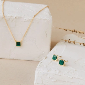 S925 sterling silver emerald green square pendant necklace and earrings jewelry set