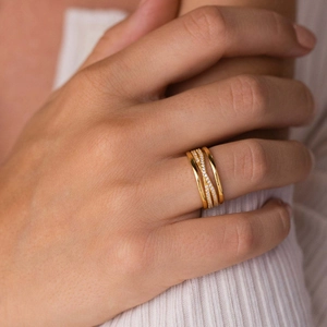 Elegant s925 silver multi-layer X-shaped ring with pavé zircon in gold finish