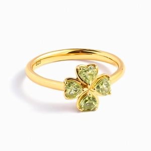 S925 Sterling Silver Four Leaf Clover Heart Ring Gold Plated Green White Rhinestone Lucky Adjustable Finger Ring Jewelry For Women