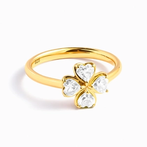 Elegant gold-plated S925 sterling silver four-leaf clover ring with heart shaped zircons