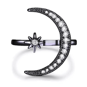 Black S925 sterling silver moon and star open ring with sparkling white cubic zirconia