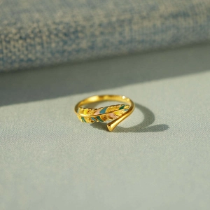 Bague Ouverte en Argent Sterling 925 avec Feuille en Émail Coloré pour Femme Plaqué Or Plume Branche Réglable Bijoux de Mode