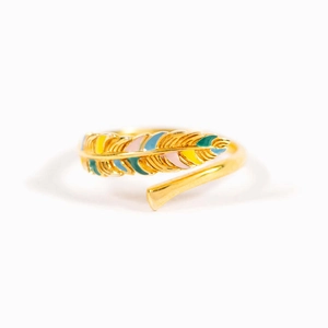 Bague ouverte plume en argent s925 dorée avec feuilles en émail coloré pour femme