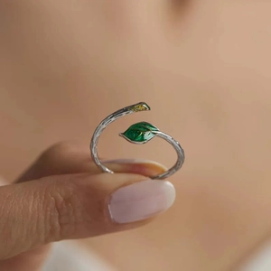 S925 Sterling Silver Leaf Open Adjustable Ring Green Enamel Rhinestone Branch Texture Fashion Finger Jewelry For Women