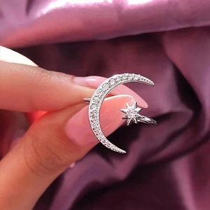 Elegant S925 sterling silver adjustable ring featuring moon and star zircon accents