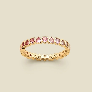 S925 Sterling Silver Gradient Pink Heart Eternity Ring For Women Elegant Gold Plated Rhinestone Inlaid Band Finger Ring Jewelry