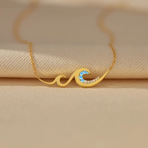 925 Sterlingsilber Welle Anhänger Halskette Für Damen Gold Überzogen Strass Ozean Meer Surfen Charm Mode Schmuck