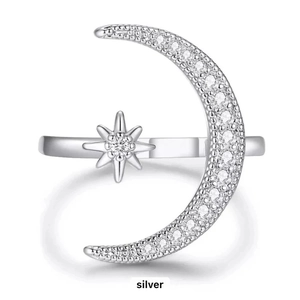 S925 sterling silver moon and star ring with cubic zirconia for women minimalist style