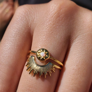 Bohemian gold s925 silver sun ring with opal stone and matching sunburst jacket ring
