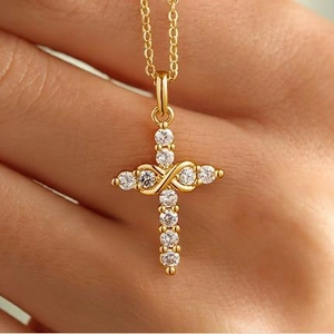 S925 sterling silver infinity cross necklace with gold finish and zircon stones