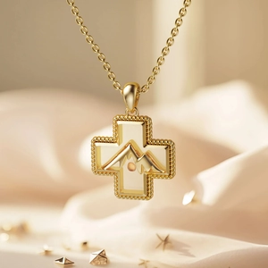 Minimalist S925 sterling silver mountain cross necklace with elegant golden finish