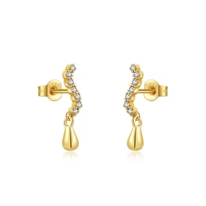 Elegant S925 silver gold-plated S-shape earrings with zircon stones and teardrop charms